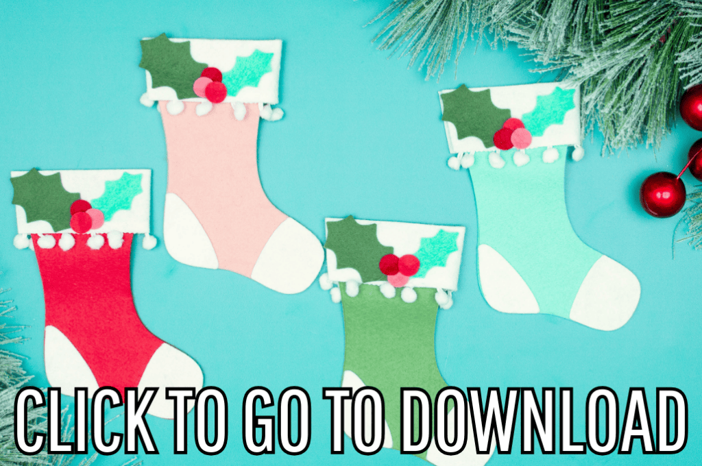 felt stocking ornament diy, made with different christmas colors, perfect for christmas parties, made with free pattern and step by step tutorial from fleece fun, with the text "CLICK TO GO TO DOWNLOAD" displayed at the bottom.