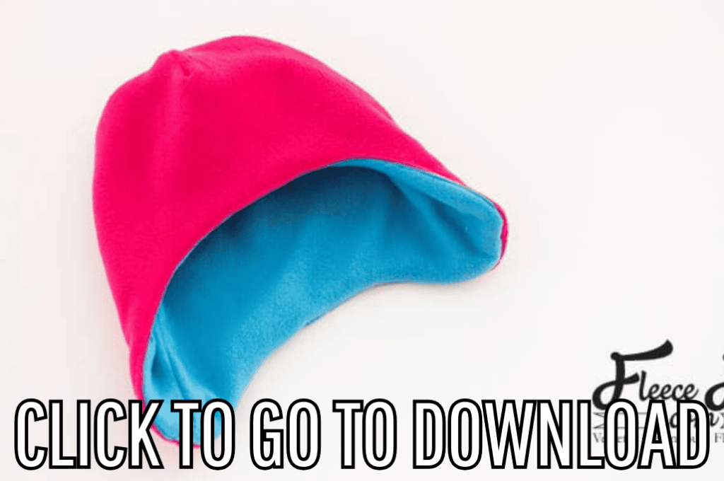 Fleece hat with ear flaps, perfect for fall and winter, made with free pattern and step by step tutorial from fleece fun, with the text "CLICK TO GO TO DOWNLOAD" displayed at the bottom.