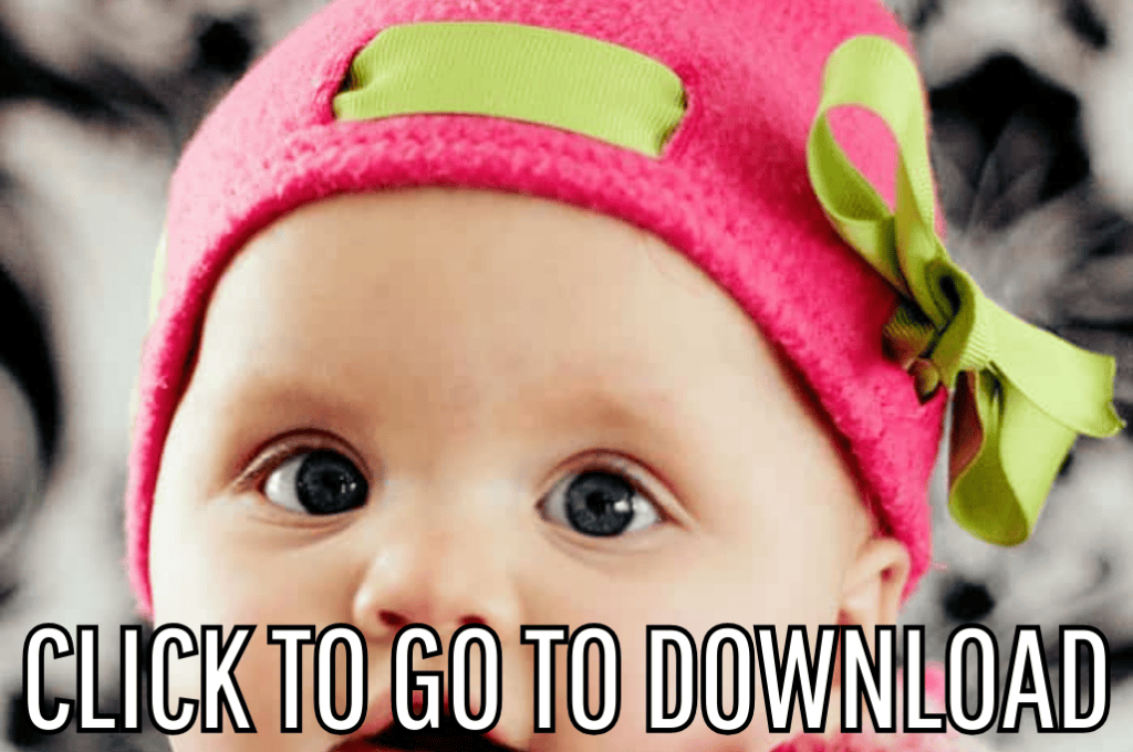 an adorable fleece hat with pink ribbons, with baby, child, and adult sizes, made with free pattern and step by step tutorial from fleece fun, with the text "CLICK TO GO TO DOWNLOAD" displayed at the bottom.
