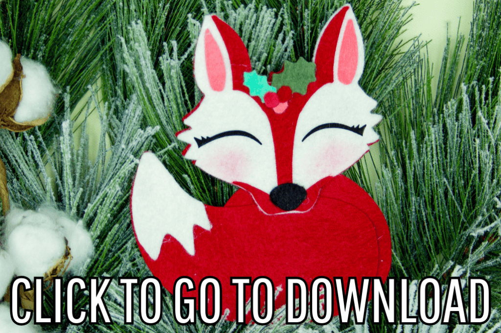 A felt fox ornament diy, made with different christmas colors, perfect for christmas parties, made with free pattern and step by step tutorial from fleece fun, with the text "CLICK TO GO TO DOWNLOAD" displayed at the bottom.