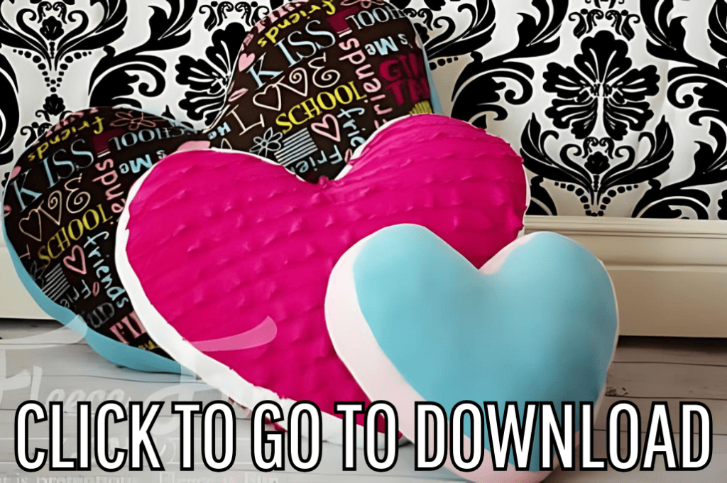 A heart shaped pillow, perfect for valentine's day and anniversary gifts, made with free pattern and step by step tutorial from fleece fun, with the text "CLICK TO GO TO DOWNLOAD" displayed at the bottom.