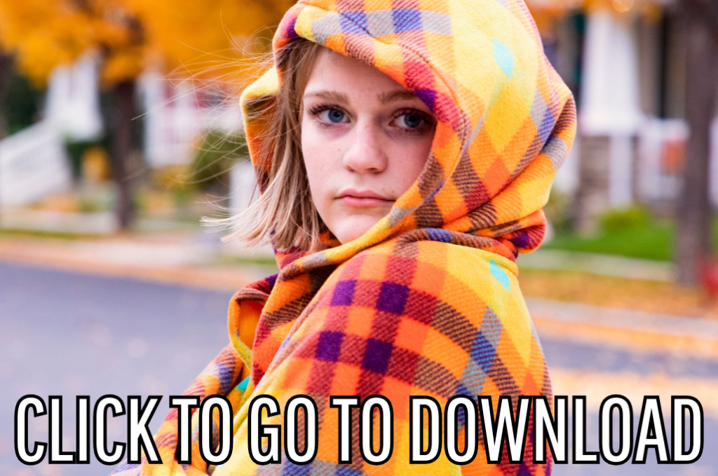 a fleece hooded blanket, perfect for getting cozy this fall and winter, made with free pattern and step by step tutorial from fleece fun, with the text "CLICK TO GO TO DOWNLOAD" displayed at the bottom.