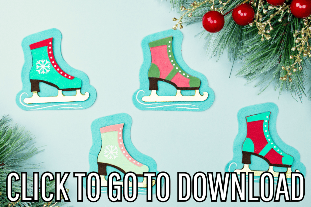 An ice skate ornament diy, made with different christmas colors, perfect for christmas parties, made with free pattern and step by step tutorial from fleece fun, with the text "CLICK TO GO TO DOWNLOAD" displayed at the bottom.
