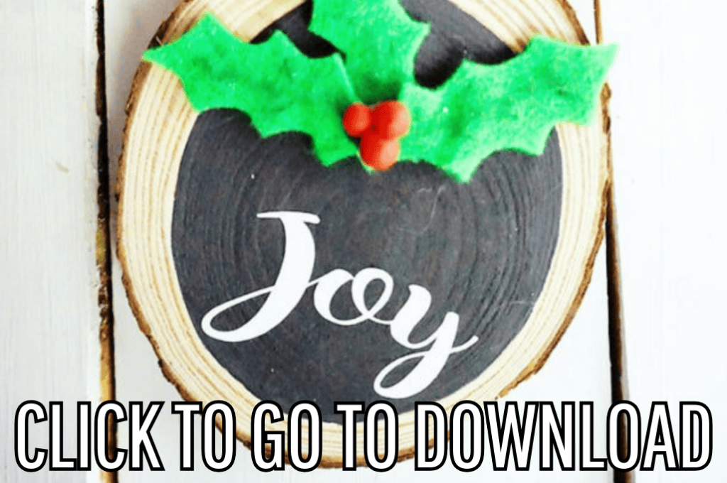 A wooden Christmas Joy ornament diy, made with different christmas colors, perfect for christmas parties, made with free pattern and step by step tutorial from fleece fun, with the text "CLICK TO GO TO DOWNLOAD" displayed at the bottom.