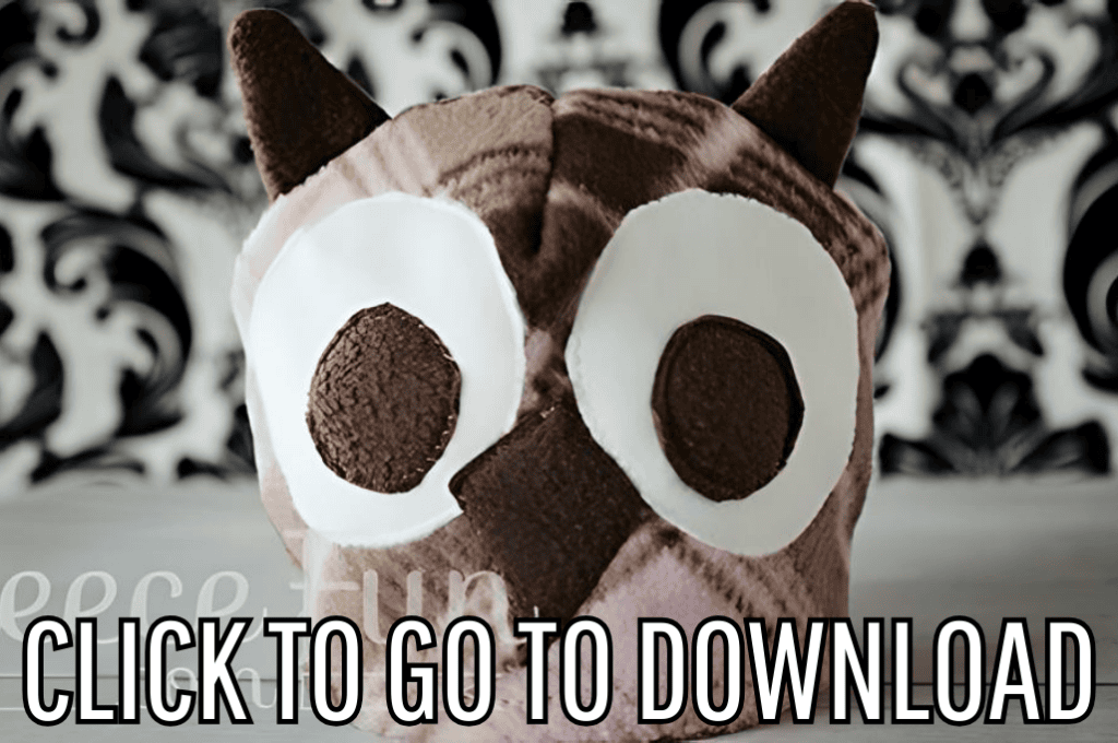  a brown fleece hat with eyes and ears, designed as an owl, perfect for winter and halloween, made with free pattern and step by step tutorial from fleece fun, with the text "CLICK TO GO TO DOWNLOAD" displayed at the bottom.