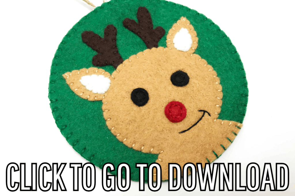 A reindeer ornament diy, perfect for christmas parties, made with free pattern and step by step tutorial from fleece fun, with the text "CLICK TO GO TO DOWNLOAD" displayed at the bottom.

