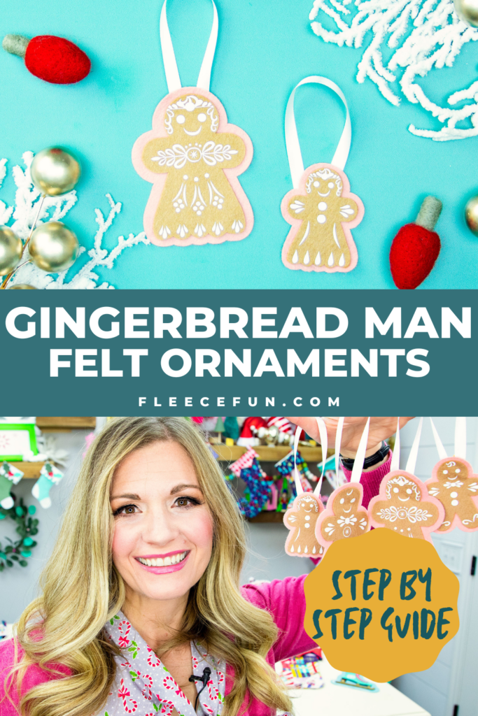 Felt Gingerbread Man ornament cut out using fleecefun's free template and tutorial.