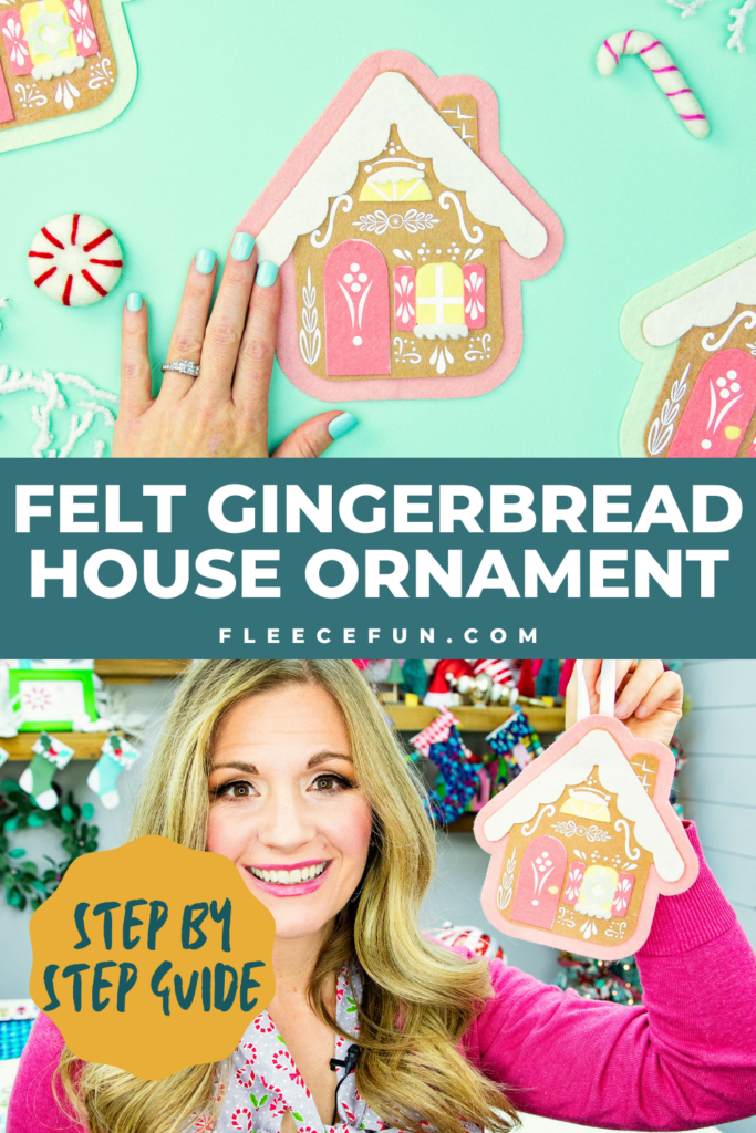 Felt gingerbread house ornament made using fleecefun free template and tutorial