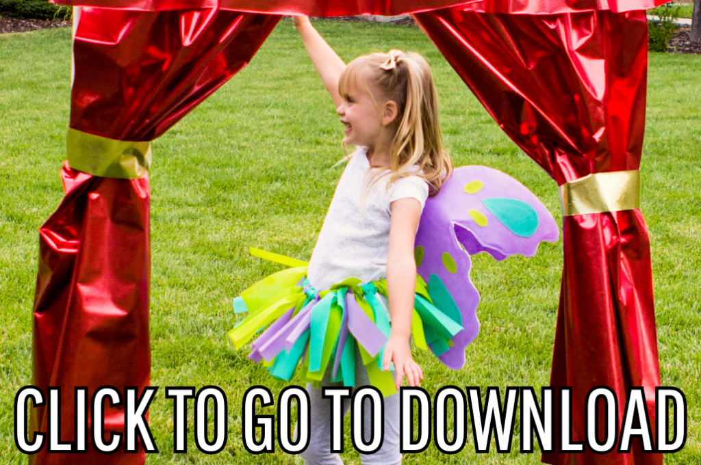 An easy to make butterfly wings for children, perfect for theater plays and halloween costumes, made with free pattern and step by step tutorial from fleece fun, with the text "CLICK TO GO TO DOWNLOAD" displayed at the bottom.