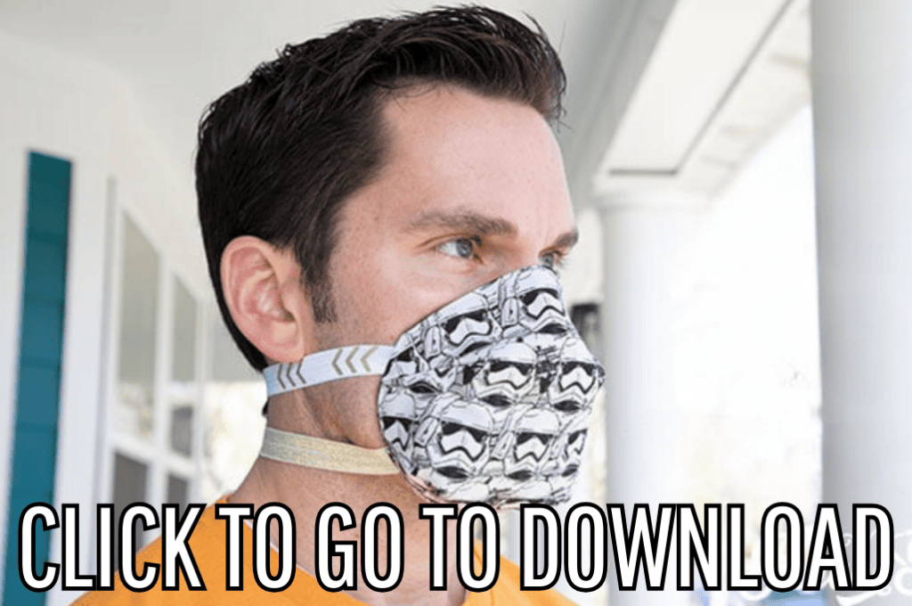 a diy fitted face mask, made with free pattern and step by step tutorial from fleece fun, with the text "CLICK TO GO TO DOWNLOAD" displayed at the bottom.
