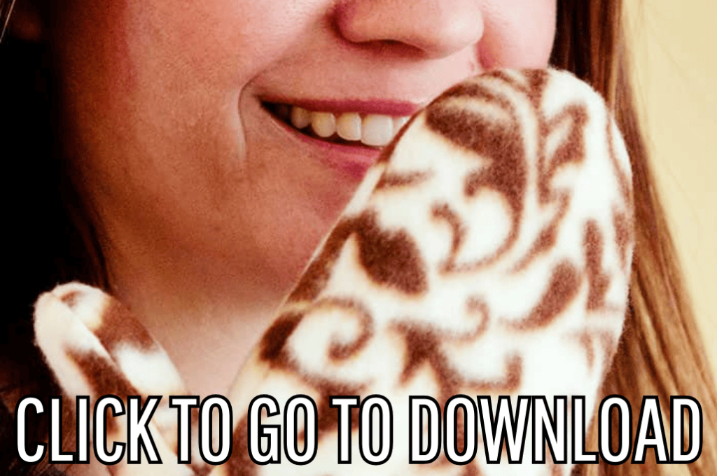 a mitten made with free pattern and step by step tutorial from fleece fun, with the text "CLICK TO GO TO DOWNLOAD" displayed at the bottom.