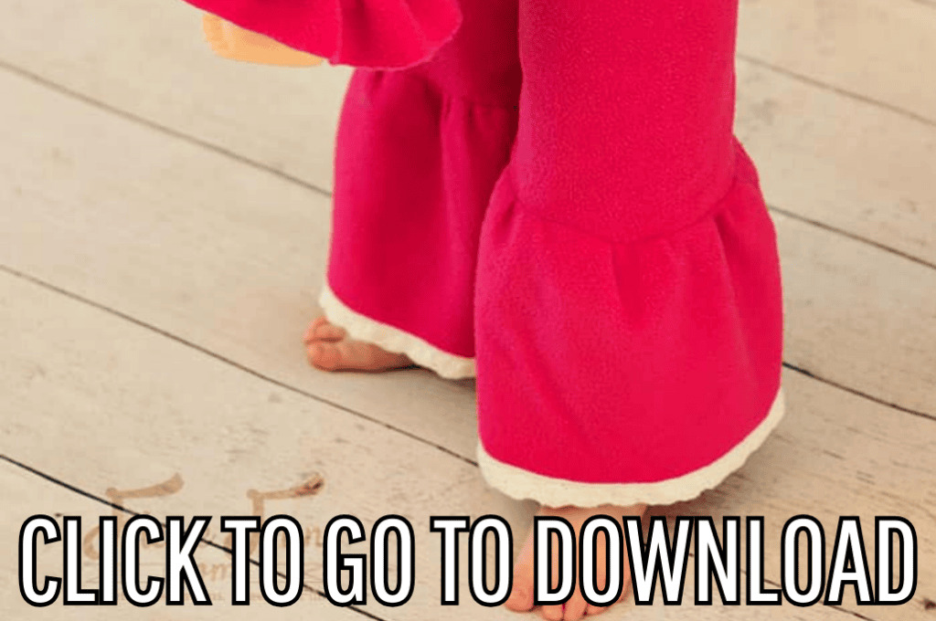 A children's boutique style fleece pants, made with free pattern and step by step tutorial from fleece fun, with the text "CLICK TO GO TO DOWNLOAD" displayed at the bottom.