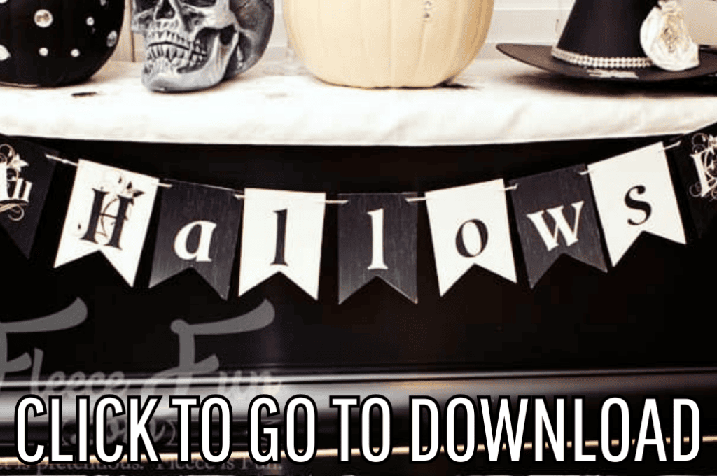A free printable halloween banner, perfect for halloween parties, made with free pattern and step by step tutorial from fleece fun, with the text "CLICK TO GO TO DOWNLOAD" displayed at the bottom.