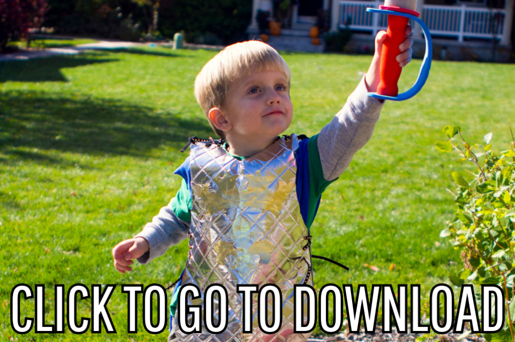 a no sew knight costume, perfect for halloween parties, made with free pattern and step by step tutorial from fleece fun, with the text "CLICK TO GO TO DOWNLOAD" displayed at the bottom.