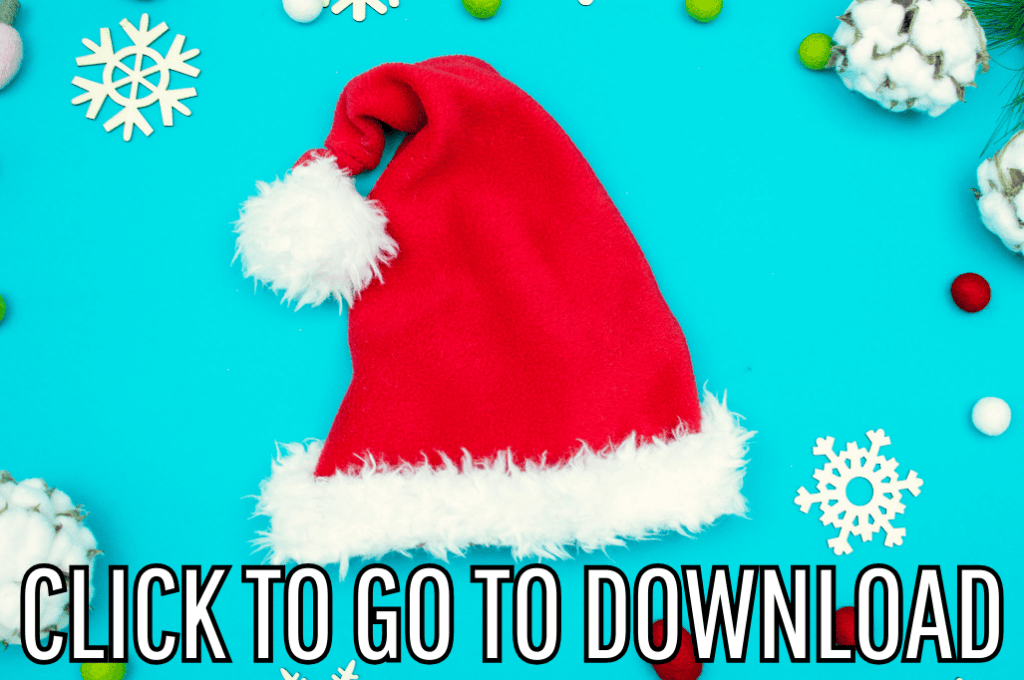 A DIY santa hat, perfect for christams parties, made with free pattern and step by step tutorial from fleece fun, with the text "CLICK TO GO TO DOWNLOAD" displayed at the bottom.