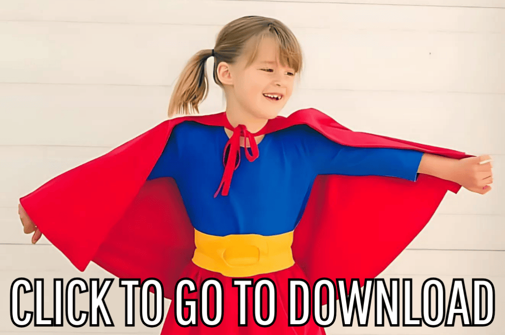A supergirl costume with cape, perfect for halloween and costume parties, made with free pattern and step by step tutorial from fleece fun, with the text "CLICK TO GO TO DOWNLOAD" displayed at the bottom.