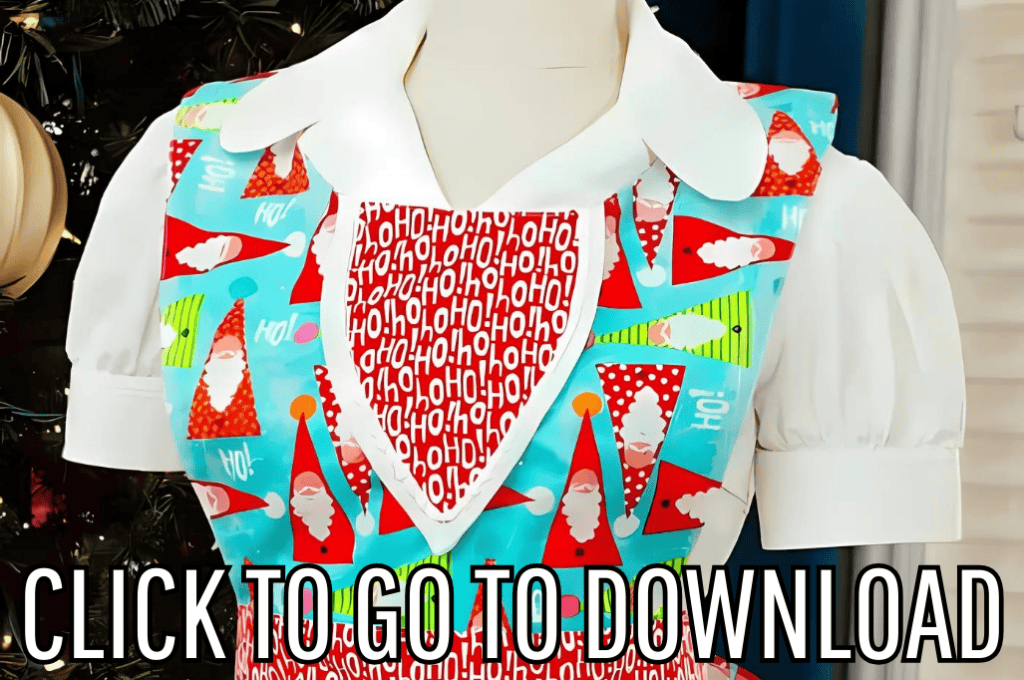 A vintage style apron, designed based on Christmas in Connecticut, with frills, made with free pattern and step by step tutorial from fleece fun, with the text "CLICK TO GO TO DOWNLOAD" displayed at the bottom.
