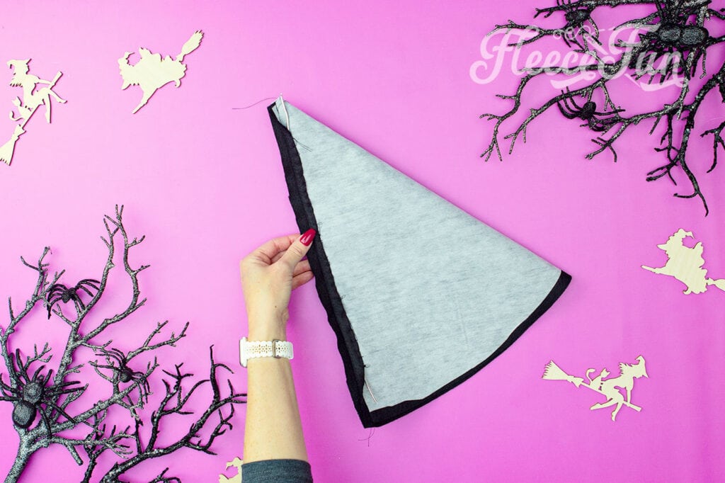 Finishing sewing the Hedge Witch Hat with fleece fun’s free template and tutorial.