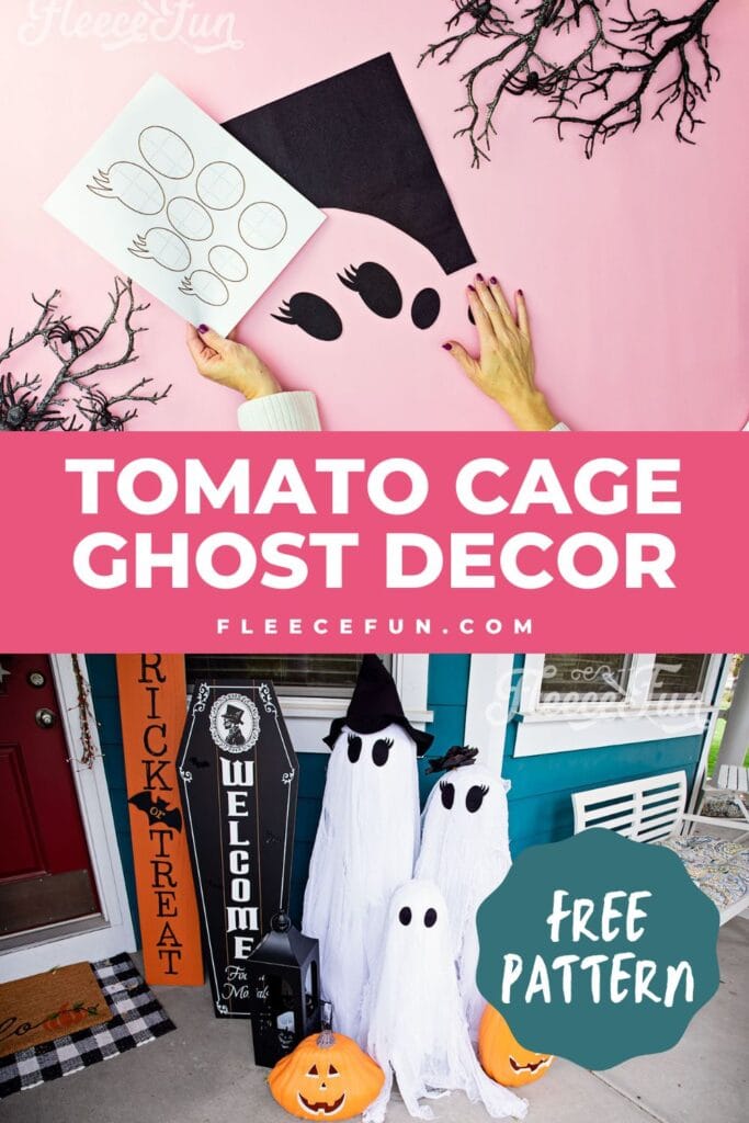 Step-by-step guide to making a Tomato Cage Ghost with fleecefun and free template and tutorial