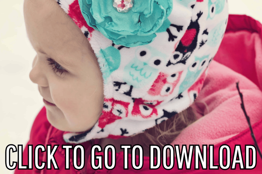 a baby chin strap hat made of fleece, made with free pattern and step by step tutorial from fleece fun, with the text "CLICK TO GO TO DOWNLOAD" displayed at the bottom.