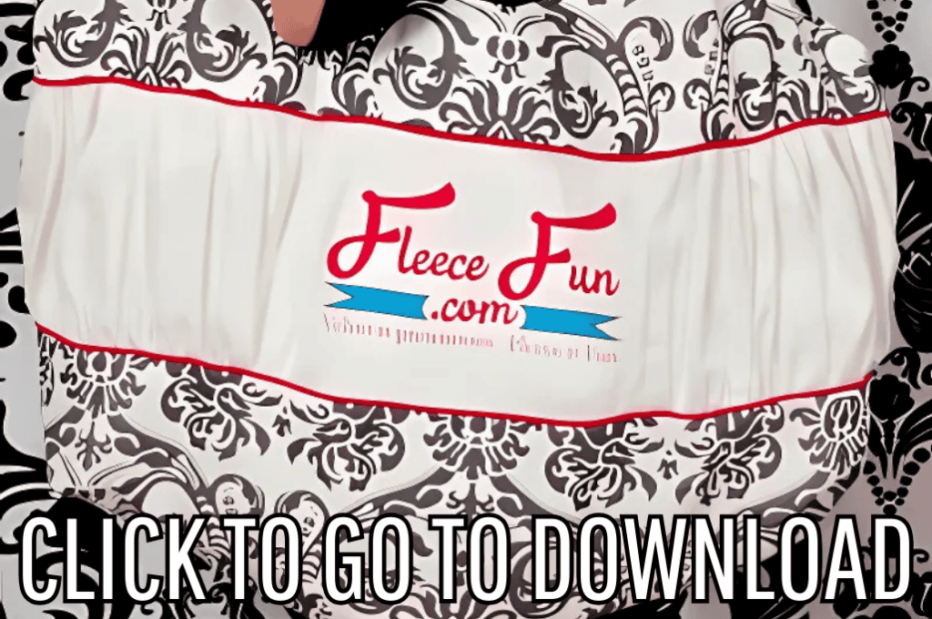 a conference tote bag or blogger bag, made with free pattern and step by step tutorial from fleece fun, with the text "CLICK TO GO TO DOWNLOAD" displayed at the bottom.
