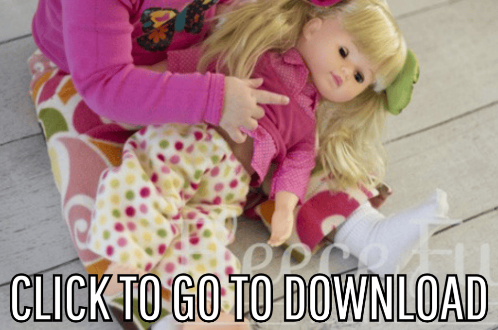 a cute basic pants for dolls, made with free pattern and step by step tutorial from fleece fun, with the text "CLICK TO GO TO DOWNLOAD" displayed at the bottom.