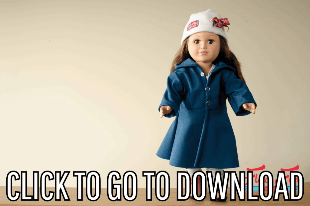 a fashionable long coat for 18" dolls, made with free pattern and step by step tutorial from fleece fun, with the text "CLICK TO GO TO DOWNLOAD" displayed at the bottom.