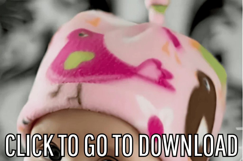 a basic fleece hat with top knot, made with free pattern and step by step tutorial from fleece fun, with the text "CLICK TO GO TO DOWNLOAD" displayed at the bottom.