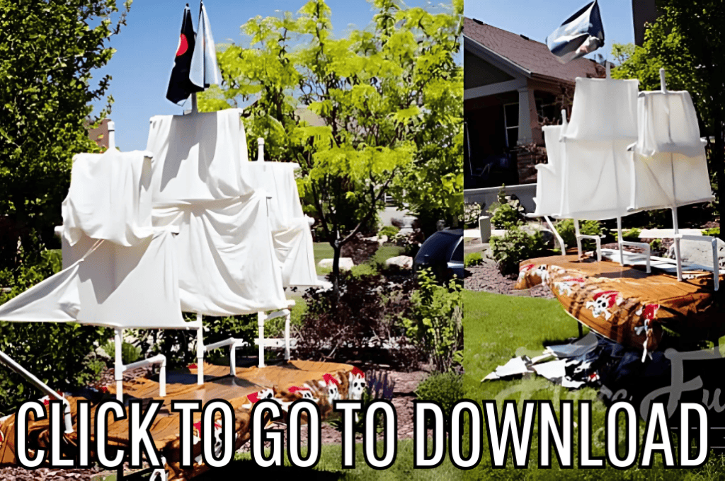 a pirate ship made out of PVC pipes, perfect for halloween and costume parties, made with free pattern and step by step tutorial from fleece fun, with the text "CLICK TO GO TO DOWNLOAD" displayed at the bottom.