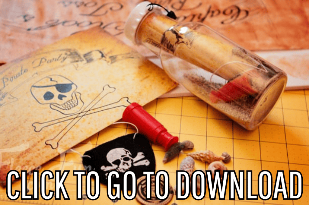 a template for an invitation for a pirate themed party, made with template and step by step tutorial from fleece fun, with the text "CLICK TO GO TO DOWNLOAD" displayed at the bottom.