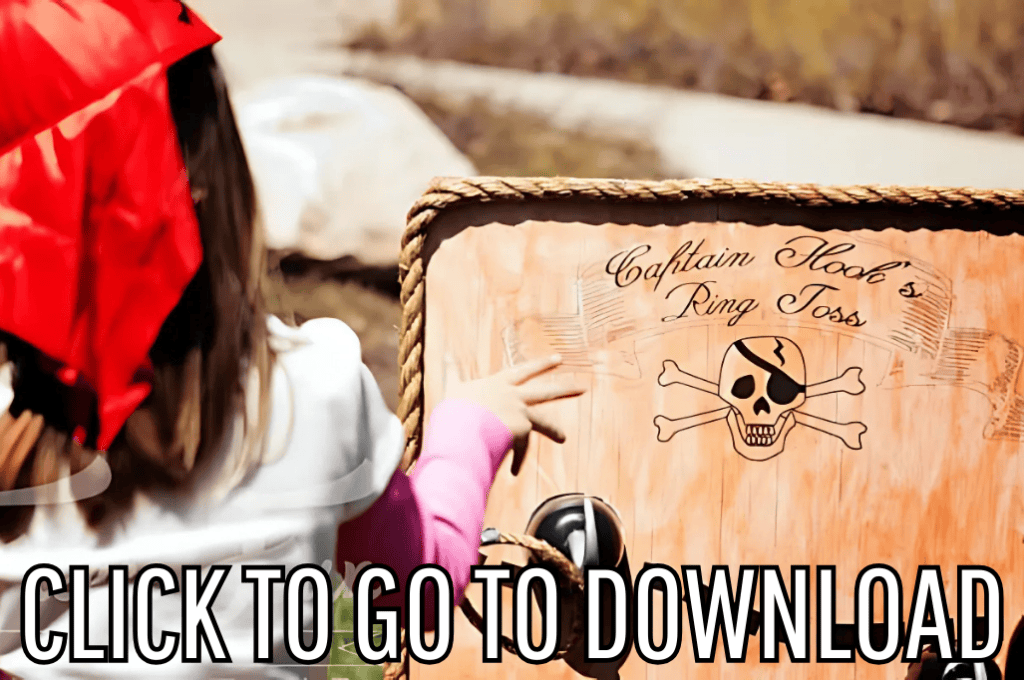 a template for a pirate party ring toss game, made with template and step by step tutorial from fleece fun, with the text "CLICK TO GO TO DOWNLOAD" displayed at the bottom.