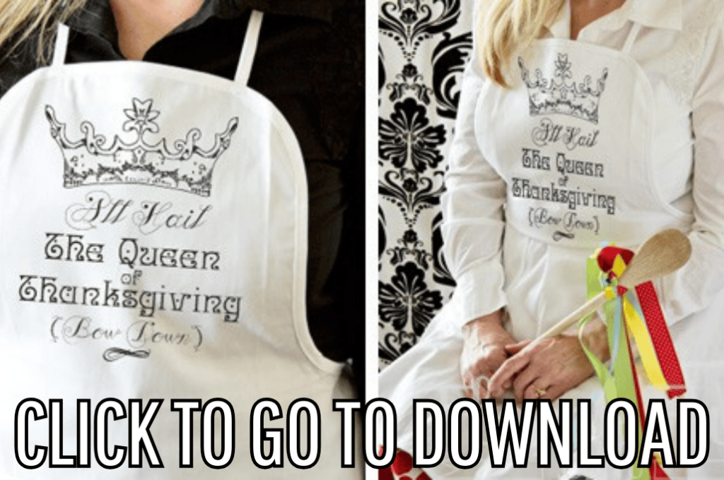 a thanksgiving apron printable from fleece fun, with the text "CLICK TO GO TO DOWNLOAD" displayed at the bottom.