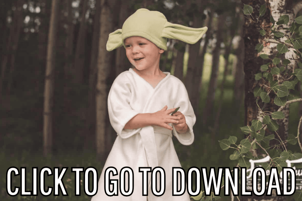a Star Wars inspired Yoda Costume, perfect for halloween and costume parties, made with free pattern and step by step tutorial from fleece fun, with the text "CLICK TO GO TO DOWNLOAD" displayed at the bottom.