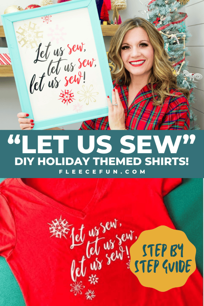 Festive holiday shirt made with the Let Us Sew free SVG from fleecefun and free template and tutorial