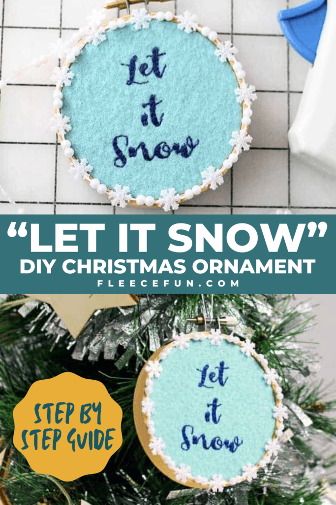 Let it Snow embroidery hoop ornament design using fleecefun's free template and tutorial.