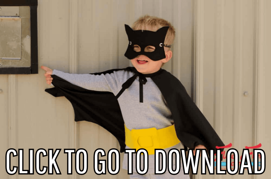 a DIY Batman Costume, designed after the super hero DC movie, Perfect for halloween and costume parties, made with free PDF pattern and step by step tutorial from fleece fun, with the text "CLICK TO GO TO DOWNLOAD" displayed at the bottom.