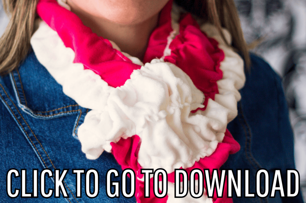 a candy stripe scrunch scarf is perfect for casual days, holiday parties, and seasonal transitions, made with free pattern and step by step tutorial from fleece fun, with the text "CLICK TO GO TO DOWNLOAD" displayed at the bottom.