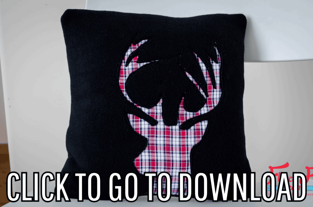 a Pillow with a deer head, perfect for Christmas decors, and handmade holiday gifts, made with free pattern and step by step tutorial from fleece fun, with the text "CLICK TO GO TO DOWNLOAD" displayed at the bottom.