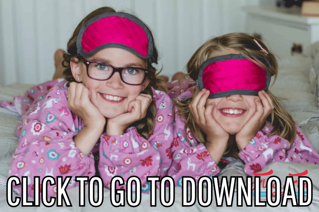 a cute diy sleeping mask, perfect for holiday gifts, pajamas, and sleepovers, made with free pattern and step by step tutorial from fleece fun, with the text "CLICK TO GO TO DOWNLOAD" displayed at the bottom.
