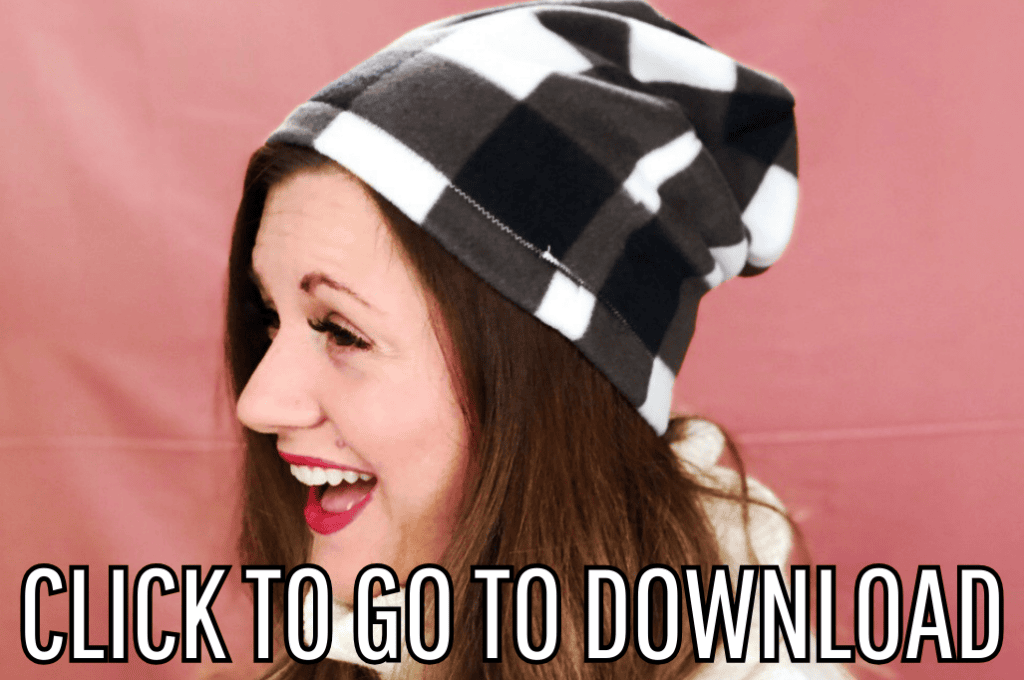 A slouchy beanie hat made of fleece, perfect for christmas handmade gifts, winter nights, or holiday festive attires, made with free pattern and step by step tutorial from fleece fun, with the text "CLICK TO GO TO DOWNLOAD" displayed at the bottom.