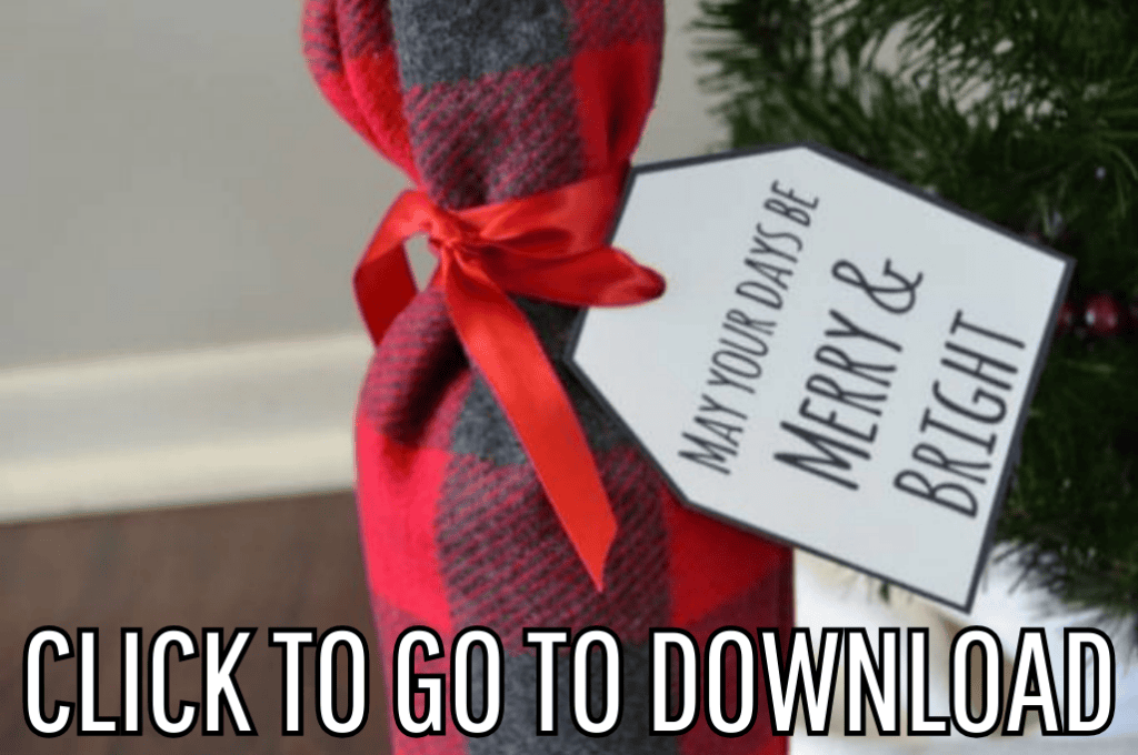 a free printable gift tag for a wine bottle gift bag, perfect for casual gifts, holiday or christmas parties, made with free printable and step by step tutorial from fleece fun, with the text "CLICK TO GO TO DOWNLOAD" displayed at the bottom.
