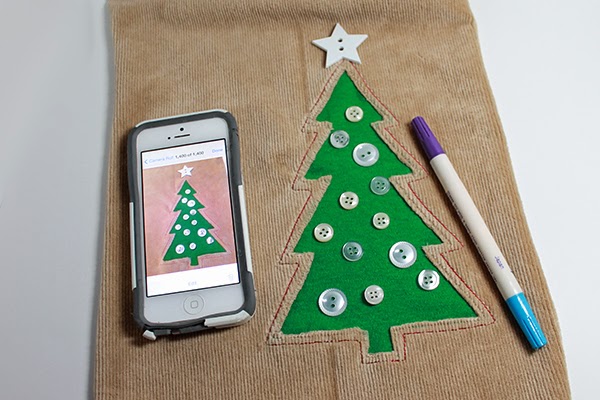 placing the buttons of the Christmas tall tree pillow fleecefun free template tutorial