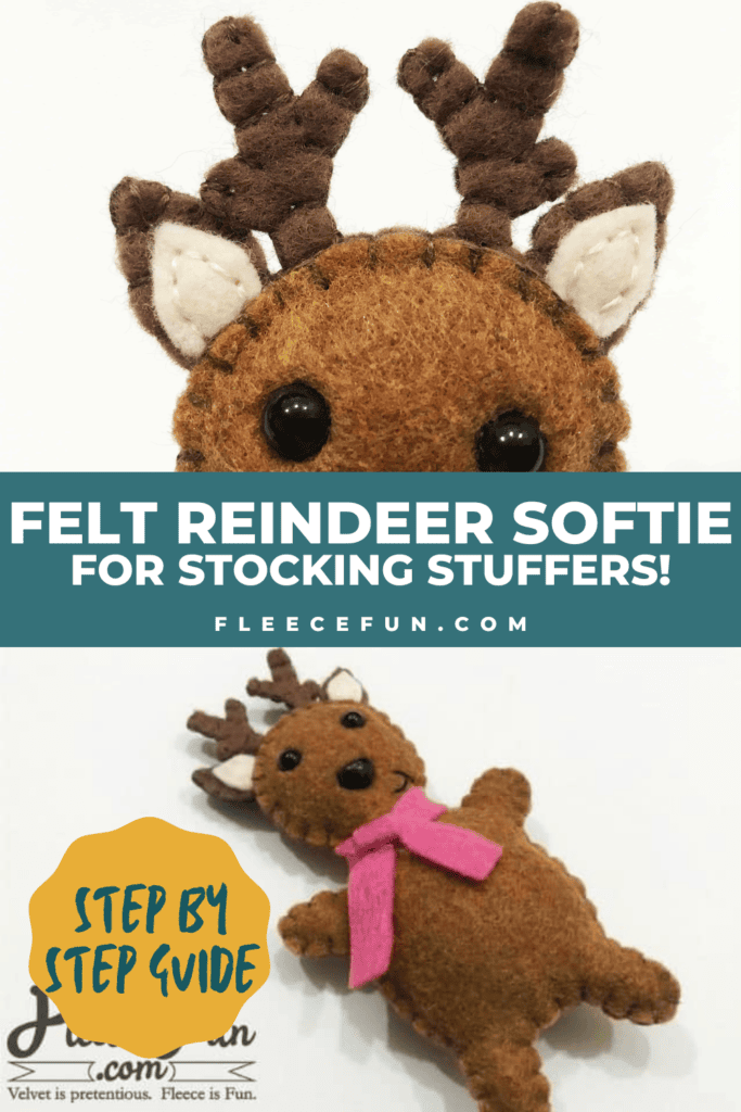 Adorable Reindeer Softie made using fleecefun free template and tutorial.