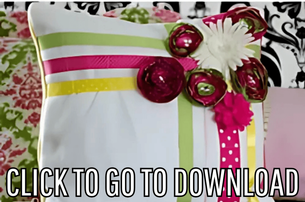 an easy ribbon pillow diy, made with free pattern and step by step tutorial from fleece fun, with the text "CLICK TO GO TO DOWNLOAD" displayed at the bottom.