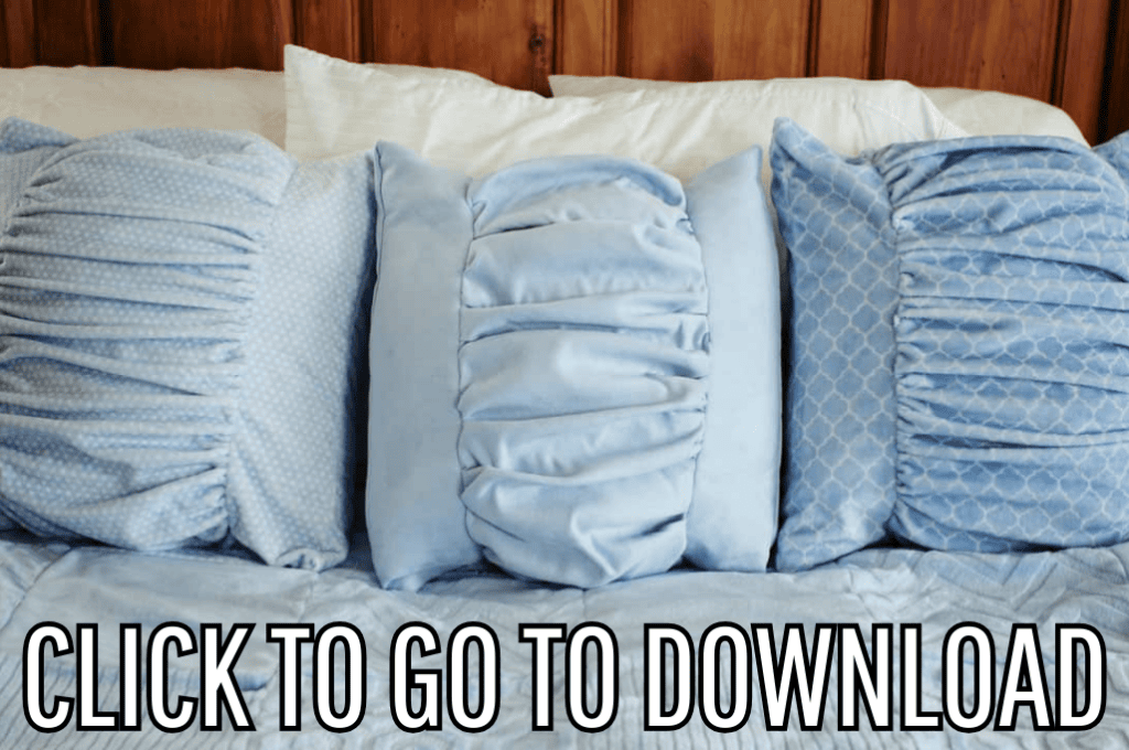 an easy ruched pillow tutorial, perfect for beginner projects or handmade holiday gifts, made with free pattern and step by step tutorial from fleece fun, with the text "CLICK TO GO TO DOWNLOAD" displayed at the bottom.