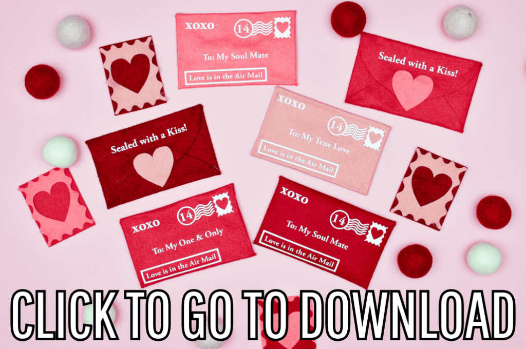 a felt valentine envelope diy, perfect for tree decorations, handmade gifts and letters, made with free pattern and step by step tutorial from fleece fun, with the text "CLICK TO GO TO DOWNLOAD" displayed at the bottom.