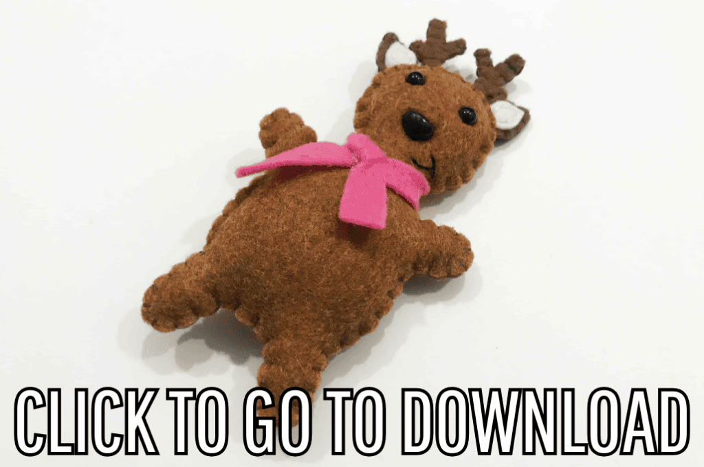 a Felt Reindeer Softie, perfect for stocking stuffers, and holiday gifts, made with free pattern and step by step tutorial from fleece fun, with the text "CLICK TO GO TO DOWNLOAD" displayed at the bottom.