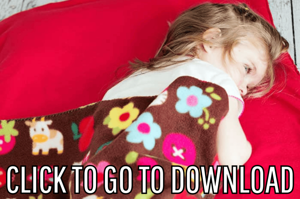 a sleeping bag pack, made with free pattern and step by step tutorial from fleece fun, with the text "CLICK TO GO TO DOWNLOAD" displayed at the bottom.