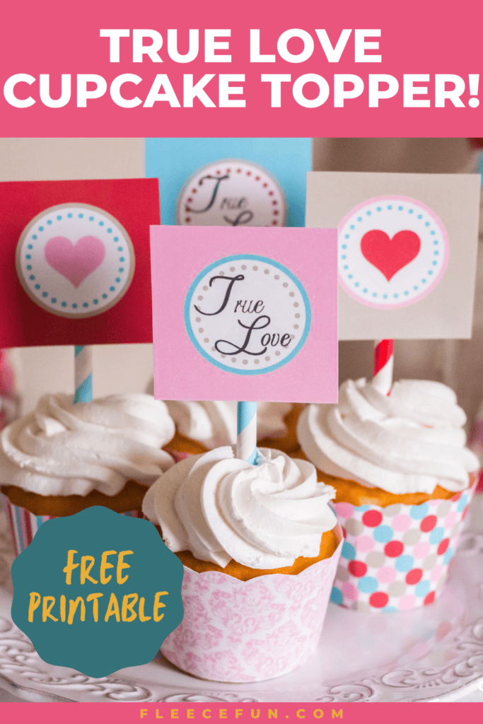 Close-up of a finished Valentine's Day cupcake topper using fleecefun’s free template and tutorial.