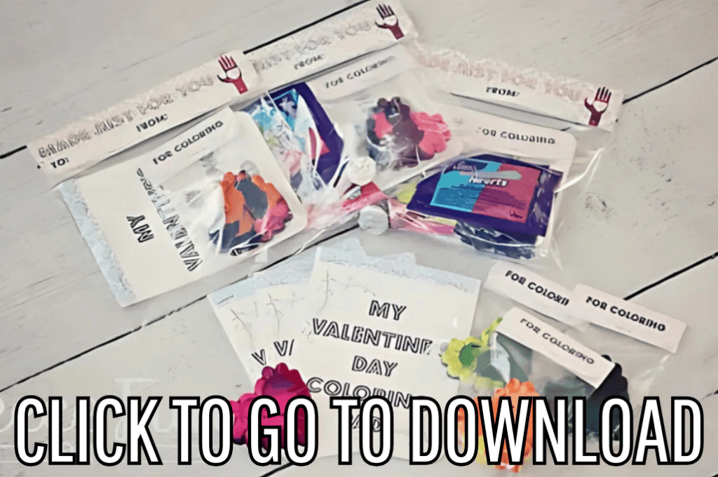valentine coloring pad kit, perfect for valentine's day family fun activity, and gifts, made with free printables and step by step tutorial from fleece fun, with the text "CLICK TO GO TO DOWNLOAD" displayed at the bottom.